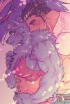  anthro bathym blue_eyes blush canid canine canis clothing demon duo embrace fur hi_res horn hug hugging_from_behind human jock_protagonist_(tas) lifewonders male male/male mammal muscular muscular_anthro muscular_male pecs protagonist_(tas) purple_body purple_fur romantic romantic_couple shirt tank_top tokyo_afterschool_summoners topwear wolf zinpatink_s 