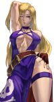  1girl bangle bare_shoulders belt blonde_hair blue_eyes bracelet breasts choker cleavage dress fatal_fury fingerless_gloves garou:_mark_of_the_wolves gloves highres jenet_behrn jewelry jolly_roger large_breasts long_hair looking_at_viewer loose_belt one_eye_closed pirate purple_choker purple_dress red_gloves skull_and_crossbones skull_print snk solo syachiiro thigh_strap 