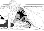  1boy 1girl ashiya_douman_(fate) black_eyes black_hair fate/grand_order fate_(series) from_behind fujimaru_ritsuka_(female) greyscale highres kotatsu lifting_covers long_hair monochrome multicolored_hair nyarou skirt table under_kotatsu under_table 