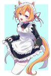  1girl alternate_costume amano_(amano_miko) animal_ears apron asymmetrical_bangs black_dress breasts collared_dress cropped_legs dot_nose dress enmaided horse_ears horse_girl horse_tail light_blush long_sleeves looking_at_viewer maid maid_apron maid_headdress open_mouth orange_hair petticoat purple_eyes short_hair skirt_hold small_breasts smile solo t.m._opera_o_(umamusume) tail thighhighs umamusume v-shaped_eyebrows white_thighhighs 