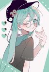  1girl 39 alternate_costume bespectacled black_headwear black_shirt blue_eyes blue_hair blue_nails blush bracelet cabbie_hat commentary earrings glasses hat hatsune_miku highres hooded_shirt jewelry long_hair maca1227 one_eye_closed shirt short_sleeves solo vocaloid 