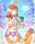 anthro big_tail bottle bottomwear breasts canid canine clothing container dialogue english_text female_(lore) flower fox fur gynomorph hair hi_res intersex mammal mynameispb orange_body orange_fur outside painting_(artwork) plant red_hair shorts small_breasts solo tail talking_to_viewer text topwear traditional_media_(artwork) tree water_bottle watercolor_(artwork) 