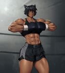  1girl abs animal_ears boxing_gloves boxing_ring boxing_shorts cat_ears cat_girl dark_skin highres looking_to_the_side mootium mouth_guard muscular muscular_female original shorts signature solo thick_thighs thighs yellow_eyes 