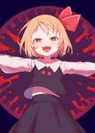  1girl :d absurdres ascot black_skirt blonde_hair blush e_sdss fangs hair_ribbon highres long_sleeves looking_at_viewer neck_bobbles open_mouth outstretched_arms red_background red_eyes ribbon rumia sharp_teeth shirt short_hair skirt smile solo spread_arms teeth tongue touhou vest white_shirt 