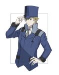  1boy blonde_hair blue_border blue_headwear blue_jacket border closed_mouth collared_shirt commentary_request gloves graham_aker green_eyes grey_necktie gundam gundam_00 hair_between_eyes hand_on_own_hip hat highres holding holding_clothes holding_hat jacket long_sleeves looking_at_viewer military_hat nanao_parakeet necktie shirt short_hair simple_background solo top_hat upper_body very_short_hair white_background white_gloves white_shirt 