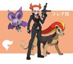  1girl black_footwear black_gloves black_jacket black_pants black_suit earpiece gloves gun highres holding holding_gun holding_poke_ball holding_weapon jacket necktie noibat pants poke_ball poke_ball_(basic) pokemon pokemon_(creature) pokemon_(game) pokemon_xy pyroar red-tinted_eyewear red_eyes red_hair red_necktie shirt shoes short_hair suit sunglasses team_flare_grunt team_flare_logo thegraffitisoul tinted_eyewear weapon white_shirt 