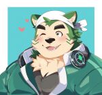  &lt;3 anthro bandanna blush canid canine canis domestic_dog eyebrows fur green_body green_fur headphones headphones_around_neck hi_res kerchief lifewonders live_a_hero male mammal mokdai one_eye_closed siro_zamurai05 solo thick_eyebrows wink 