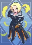  1girl benedikta_harman blonde_hair bodysuit breasts closed_mouth feather_collar feathers final_fantasy final_fantasy_xvi full_body fur_collar fur_trim gloves hand_on_own_hip highres leather leather_vest looking_at_viewer low_neckline seidou-majin shiny_clothes short_hair skin_tight smile solo sparkle standing sword v weapon yellow_eyes yellow_feathers 