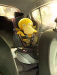  beak car car_interior car_seat closed_eyes day highres motor_vehicle nihei92729 no_humans pokemon pokemon_(creature) psyduck sitting solo waving_arms 