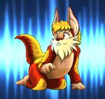  all_fours ambiguous_gender anthro beard blue_background brown_eyes buckteeth facial_hair fur kitsune_youkai low_res multicolored_body multicolored_fur red_body red_fur simple_background snarf solo teeth thundercats two_tone_body two_tone_fur yellow_body yellow_fur 