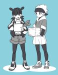  2boys arm_scarf blue_background character_request double_bun full_body greyscale greyscale_with_colored_background hair_bun highres holding holding_paper hood hoodie jacket leggings_under_shorts luo_xiaohei_zhanji monochrome multiple_boys nezha_(the_legend_of_luoxiaohei) nploser paper paper_stack shirt shoes shorts simple_background sneakers 