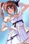  1girl bare_shoulders blue_eyes blush breasts brown_hair diamond_hair_ornament dress gloves hair_flaps hair_ornament highres hololive long_hair looking_at_viewer nootomo ponytail sleeveless solo star_(symbol) star_hair_ornament tokino_sora virtual_youtuber 