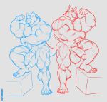  5_toes akita alaska_(jakewolf00) anthro apollo_(jakewolf00) ball_tuft balls biceps big_muscles canid canine canis domestic_dog duo feet flexing genitals hi_res huge_muscles humanoid_feet male mammal modem_redpill muscular nipples pecs penis plantigrade pubes quads spitz toes tongue tongue_out triceps tuft 