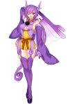  1girl ;d alternate_color arm_up breasts detached_sleeves full_body gloves horns katagiri_hachigou kingdra long_hair long_sleeves medium_breasts o-ring o-ring_legwear one_eye_closed open_mouth pokemon purple_gloves purple_horns purple_sleeves purple_thighhighs red_eyes shiny_pokemon simple_background smile solo thighhighs underboob very_long_hair white_background wide_sleeves 