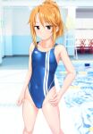  1girl absurdres blue_one-piece_swimsuit breasts brown_eyes commentary_request competition_swimsuit covered_navel double_vertical_stripe feet_out_of_frame hand_on_own_hip highleg highleg_swimsuit highres idolmaster_cinderella_girls_u149 long_hair looking_at_viewer one-piece_swimsuit orange_hair photo_background ponytail pool poolside sidelocks small_breasts solo swimsuit takafumi yuuki_haru 