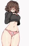  1girl ahoge aki_(snale) bags_under_eyes belly black_sweater blush breasts brown_eyes brown_hair cowboy_shot crop_top english_text glasses groin hands_on_own_breasts heart hello_kitty hello_kitty_print highres jitome lace-trimmed_panties lace_trim linea_alba long_sleeves looking_at_viewer medium_breasts messy_hair midriff mole mole_on_stomach navel original panties pink_panties short_hair snale solo sweat sweatdrop sweater thick_thighs thigh_gap thighs underwear white_background wide_hips 