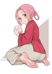  1girl aomoro ass barefoot blush_stickers character_request copyright_request eating food_bite from_behind highres looking_at_viewer orange_eyes pink_hair short_hair simple_background soles solo toes 