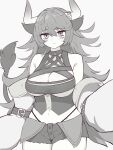  1girl animal_ears bare_shoulders blush breasts character_request cleavage copyright_request cow_ears cow_girl cow_horns cow_tail greyscale hair_ornament hairclip highres horns large_breasts long_hair looking_at_viewer messy_hair monochrome monster_girl short_shorts shorts solo tail yonaga_san 