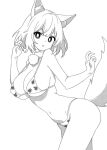  1girl animal_ear_fluff animal_ears ass bare_arms bare_legs bare_shoulders breasts cleavage cowboy_shot greyscale groin inubashiri_momiji large_breasts looking_at_viewer monochrome navel onkn_sxkn open_mouth pom_pom_(clothes) short_hair simple_background solo tail touhou white_background wolf_ears wolf_tail 