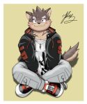  anthro blush canid canine canis clothing crossed_legs domestic_dog footwear fur grey_body grey_fur hi_res jacket jewelry kt0414143919 lifewonders male mammal moritaka necklace scar shoes sitting smile sneakers solo tokyo_afterschool_summoners topwear 