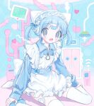  1girl animal_hat apron bandaid bandaid_on_leg blue_background blue_bow blue_footwear blue_hair blue_jacket bow cardiogram cat_hat cellphone frilled_apron frills hair_bow hairband hat headphones jacket lolita_hairband long_sleeves looking_at_viewer olliuil_3 open_mouth original phone shoes sitting solo thighhighs track_jacket twintails wariza white_apron white_thighhighs 