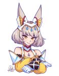  1girl :3 animal_ear_fluff animal_ears bare_shoulders cat_ears chest_jewel crossed_arms dated english_commentary fehden gem gloves grey_hair halterneck highres jewelry long_sleeves looking_at_viewer medium_bangs nia_(xenoblade) official_alternate_costume puffy_long_sleeves puffy_sleeves short_hair signature simple_background solo upper_body white_background white_gloves xenoblade_chronicles_(series) xenoblade_chronicles_2 xenoblade_chronicles_3 yellow_eyes 