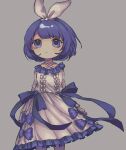  1girl blue_bow blunt_bangs bow closed_mouth commentary cowboy_shot dress frilled_dress frills grey_background hair_bow hairband highres long_sleeves looking_at_viewer nnn_yu original purple_eyes purple_hair short_hair simple_background solo standing unnamed_girl_(x0o0x) white_dress white_hairband 