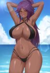  1girl arms_behind_head arms_up bikini black_bikini bleach blue_sky breasts brown_eyes covered_nipples dark-skinned_female dark_skin day grin highres large_breasts long_hair navel o-ring o-ring_bikini ocean outdoors parted_lips ponytail purple_hair shihouin_yoruichi shiny_skin sky sleeptopi smile solo swimsuit teeth water 