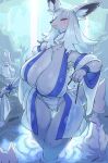  4_fingers anthro bathrobe big_breasts blush breasts canid canine cleavage clothed clothing female fingers fox fur group hair high_cut_bottomwear mammal open_mouth rikose robe solo_focus thick_thighs water white_body white_fur white_hair 