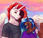  anthro digital_media_(artwork) embrace equid equine evening female friends friendship_is_magic happy hasbro hi_res horn horse hug male mammal my_little_pony open_mouth pony portrait smile sunny_way sunset winged_unicorn wings 
