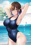  1girl ? arched_back armpits arms_up bare_arms bare_shoulders blue_eyes blue_one-piece_swimsuit blush breasts brown_hair cleavage competition_school_swimsuit highres large_breasts looking_at_viewer medium_hair one-piece_swimsuit original outdoors parted_lips pool school_swimsuit shiro_kuma_shake solo swimsuit water wet 