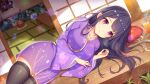  1girl black_hair blurry blush breasts collarbone dutch_angle floral_print highres japanese_clothes kimono large_breasts long_hair long_sleeves looking_at_viewer lying on_side pretty_angel purple_eyes sliding_doors solo tatami thighhighs thighs wide_sleeves 