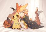  1girl absurdres animal_ears arknights bandage_over_one_eye bandaged_arm bandaged_foot bandages black_cape blonde_hair cape closed_eyes fingernails full_body hair_ornament highres jack-o&#039;-lantern jacket kroos_(arknights) kroos_(the_mag)_(arknights) lying medium_hair mimikyu nail_polish no_shoes official_alternate_costume on_stomach one_eye_covered open_clothes open_jacket petting pokemon pokemon_(creature) rabbit_ears rabbit_girl rabbit_tail rongyuanfeida sarashi skull_hair_ornament smile solo tail yellow_jacket yellow_nails 