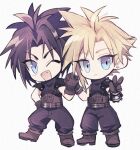  2boys armor artist_name baggy_pants belt black_hair blonde_hair blue_eyes blue_pants blue_shirt boots brown_belt brown_footwear chibi cloud_strife earrings fang final_fantasy final_fantasy_vii final_fantasy_vii_remake hand_on_own_hip highres holding_hands jewelry looking_at_viewer male_focus multiple_belts multiple_boys one_eye_closed pants parted_bangs shirt short_hair shoulder_armor single_earring sleeveless sleeveless_turtleneck spiked_hair suspenders ttnoooo turtleneck v white_background zack_fair 