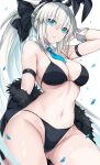  1girl alternate_costume animal_ears arm_strap ass_visible_through_thighs bare_shoulders bikini black_bikini black_hairband blue_eyes breasts commentary_request fake_animal_ears fate/grand_order fate_(series) grey_hair hair_ornament hairband highres large_breasts long_hair looking_at_viewer morgan_le_fay_(fate) morizono_shiki navel parted_lips ponytail simple_background smile solo stomach swimsuit thighs wrist_cuffs 