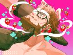  2boys :q animal_ears bara black_socks brown_hair couple dog_ears feeling_facial_hair feet food foot_focus fruit full_beard glasses highres hiwen-d male_focus mature_male multiple_boys muscular muscular_male mustache_stubble nude opaque_glasses original partially_opaque_glasses pink_background seductive_smile short_hair smile socks solo_focus strawberry thick_beard thick_eyebrows tongue tongue_out upper_body yaoi 
