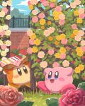  blush_stickers brick_wall colorful day fence flower garden grass highres kirby kirby&#039;s_dream_land kirby_(series) looking_at_another miclot nature no_humans orange_flower outdoors pink_flower rose waddle_dee yellow_flower 