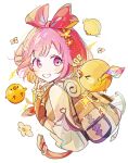  1girl absurdres backpack bag bird bow brown_gloves chick commentary dot_nose fingerless_gloves flag flower gloves hair_flower hair_ornament hands_up highres holding holding_flag looking_at_another momomo_(m0_3) notice_lines ootori_emu pink_bow pink_eyes pink_hair project_sekai short_hair smile solo symbol-only_commentary teeth upper_body white_background 