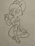  2023 alternate_costume anthro biped bottomwear buckteeth cellphone cheek_tuft clothed clothed_anthro clothed_female clothing eyelashes facial_tuft female female_anthro fingers footwear front_view full-length_portrait fur graphite_(artwork) hair hi_res mia_mouse mouse_ears musicalyena no_pupils pencil_(artwork) phone portrait shirt shoes solo t-shirt teeth topwear traditional_media_(artwork) tuft 