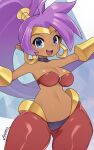  2023 absurd_res arumo breasts brown_body brown_skin cleavage clothed clothing ear_piercing ear_ring female genie hair hi_res humanoid humanoid_pointy_ears long_hair not_furry open_mouth piercing ponytail purple_hair ring_piercing shantae shantae_(series) signature simple_background solo wayforward 