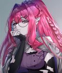  1girl baobhan_sith_(fate) baobhan_sith_(swimsuit_pretender)_(fate) braid breasts buttons crown_braid detached_sleeves earrings fate/grand_order fate_(series) glasses grey_eyes grey_jacket hair_ornament hairclip highres jacket jacket_on_shoulders jewelry large_breasts long_hair looking_at_viewer pink_hair pointy_ears ponytail purple_shirt revision round_eyewear shirt sidelocks solo umeo_(pixiv51103813) 