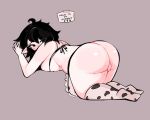  all_fours animal_print apron ass bikini black_hair blush breast_press breasts covering_face cow_print from_behind greyscale hanging_breasts highres long_hair looking_back lying messy_hair mistysnugglebug mole mole_on_thigh monochrome on_stomach original pointy_ears pussy shiny_skin sleepy_(mistysnugglebug) string_bikini swimsuit thick_thighs thighs 