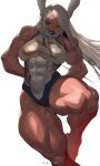  1girl absurdres animal_ears arms_behind_back artist_name bare_legs bare_shoulders boku_no_hero_academia breasts covered_abs covered_navel crescent_print dark-skinned_female dark_skin fur_collar highleg highleg_leotard highres ibuo_(ibukht1015) knee_up large_breasts leotard long_eyelashes long_hair looking_at_viewer lower_teeth_only mirko muscular muscular_female open_mouth parted_bangs rabbit_ears rabbit_girl red_eyes solo taut_leotard teeth thick_thighs thighs veins veiny_arms white_background white_hair white_leotard 