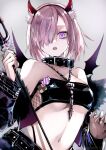  1girl bandeau bare_shoulders belt black_jacket breasts chain_necklace collar cropped_jacket demon_horns demon_wings fate/grand_order fate_(series) fur-trimmed_jacket fur_trim hair_over_one_eye halloween_costume highres horns jacket jewelry kino_kokko large_breasts long_sleeves looking_at_viewer mash_kyrielight navel necklace off_shoulder open_clothes open_jacket open_mouth polearm purple_eyes short_hair solo trident weapon wings 