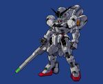  absurdres beam_cannon blue_background chibi english_commentary full_body green_eyes gundam gundam_calibarn gundam_suisei_no_majo highres holding holding_cannon holding_weapon mecha mobile_suit no_humans rence robot sd_gundam solo standing thrusters v-fin weapon 
