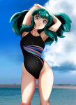  1girl absurdres arms_up black_one-piece_swimsuit blue_eyes blue_sky breasts cloud competition_swimsuit day eyeshadow feet_out_of_frame green_hair highres horns long_hair looking_at_viewer lum makeup medium_breasts multicolored_clothes multicolored_swimsuit nanao_futaba ocean one-piece_swimsuit oni_horns outdoors pointy_ears sky solo sparkle striped striped_one-piece_swimsuit swimsuit urusei_yatsura vertical-striped_one-piece_swimsuit vertical_stripes 