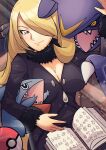  absurdres blonde_hair book breasts cleavage closed_mouth cynthia_(pokemon) fur_collar garchomp gible grey_eyes hair_ornament hair_over_one_eye highres hug large_breasts long_hair noisezzz_(user_vwms5743) open_book poke_ball poke_ball_(basic) pokemon pokemon_(creature) pokemon_(game) pokemon_dppt sitting smile unownglyphics 