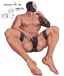  1boy abs absurdres arm_tattoo bara black_male_underwear briefs bulge call_of_duty call_of_duty:_modern_warfare_2 english_text ghost_(modern_warfare_2) highres iba_(kcokaine) large_pectorals like_and_retweet male_focus male_underwear mask meme muscular muscular_male navel nipples pectorals simple_background skull_mask solo tattoo thighs twitter_strip_game_(meme) underwear white_background 