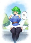 1girl absurdres aquapaulo belt black_thighhighs blue_coat breasts brown_belt coat english_text green_eyes green_hair highres non-web_source one-punch_man small_breasts solo tatsumaki thighhighs thighs tree 