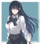  1girl absurdres alternate_breast_size black_bow black_bowtie black_hair black_hairband black_skirt bow bowtie breasts closed_eyes closed_mouth commentary cowboy_shot facing_viewer hairband highres long_hair long_sleeves shirt simple_background skirt smile solo tohno_akiha tsukihime ttumupen white_shirt 